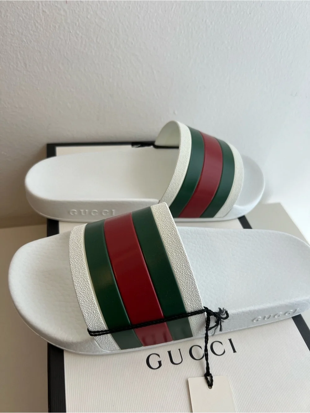 Gucci White Slides with Green & Red Stripes - Luxury Designer Style